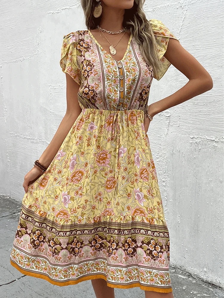 Portman™ | Green Floral Boho Midi Dress
