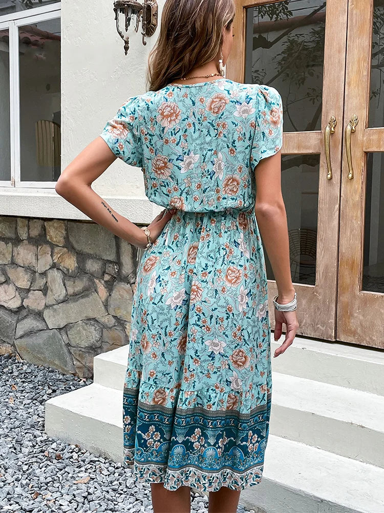 Portman™ | Green Floral Boho Midi Dress